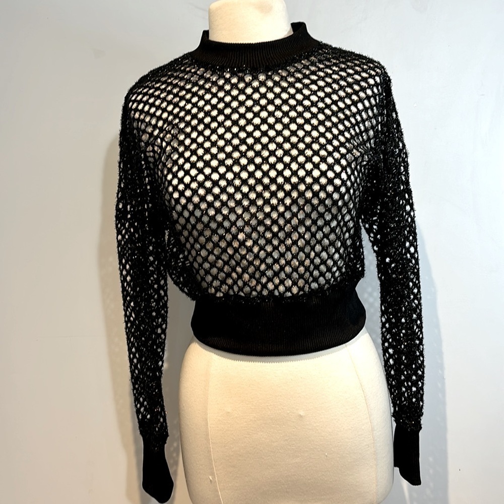 Black Open-Weave Crewneck Sweater - Women